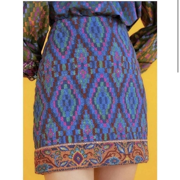 Farm Rio Tapestry Scarf Blue Diamond Print Bohemian Mini Skirt Extra Small - Picture 1 of 11